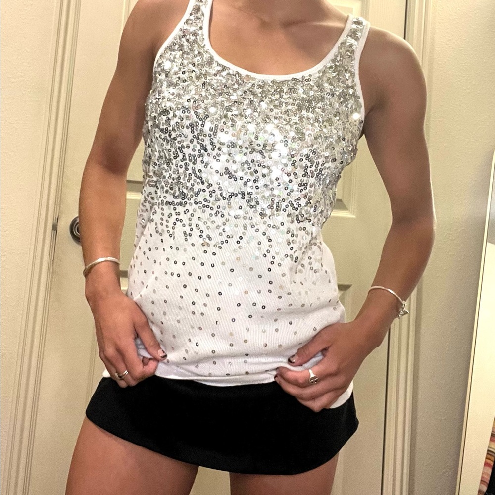Charlotte Russe White and Silver Sequin Tank Top